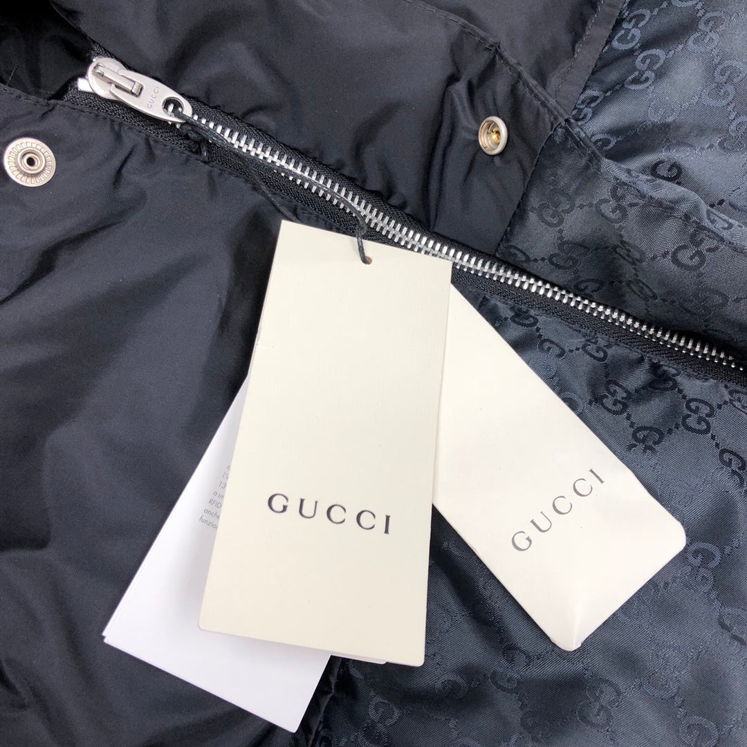 Gucci Black GG Jacquard Long Hooded Down Parka Coat - Logo Sleeve Stripe