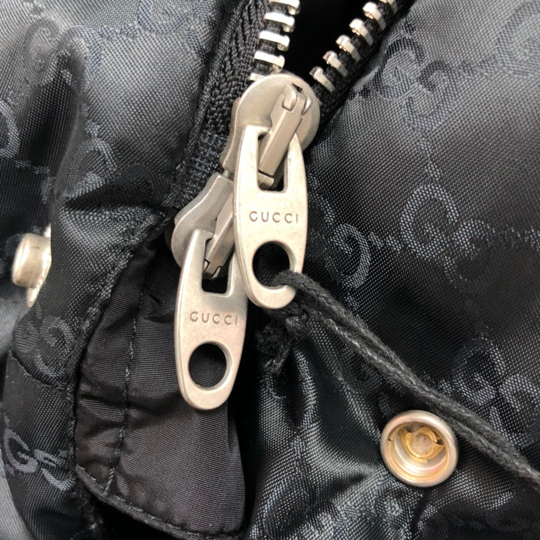 Gucci Black GG Jacquard Long Hooded Down Parka Coat - Logo Sleeve Stripe
