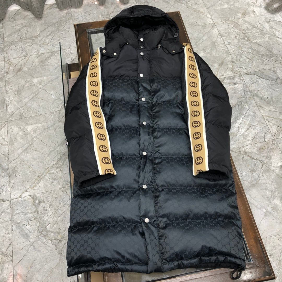 Gucci Black GG Jacquard Long Hooded Down Parka Coat - Logo Sleeve Stripe