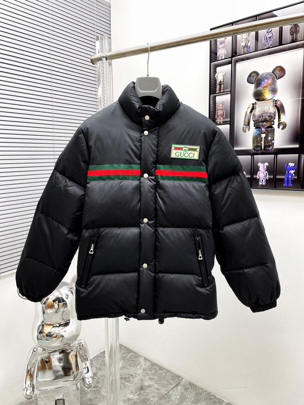 Gucci Black Web Stripe Quilted Down Puffer Jacket