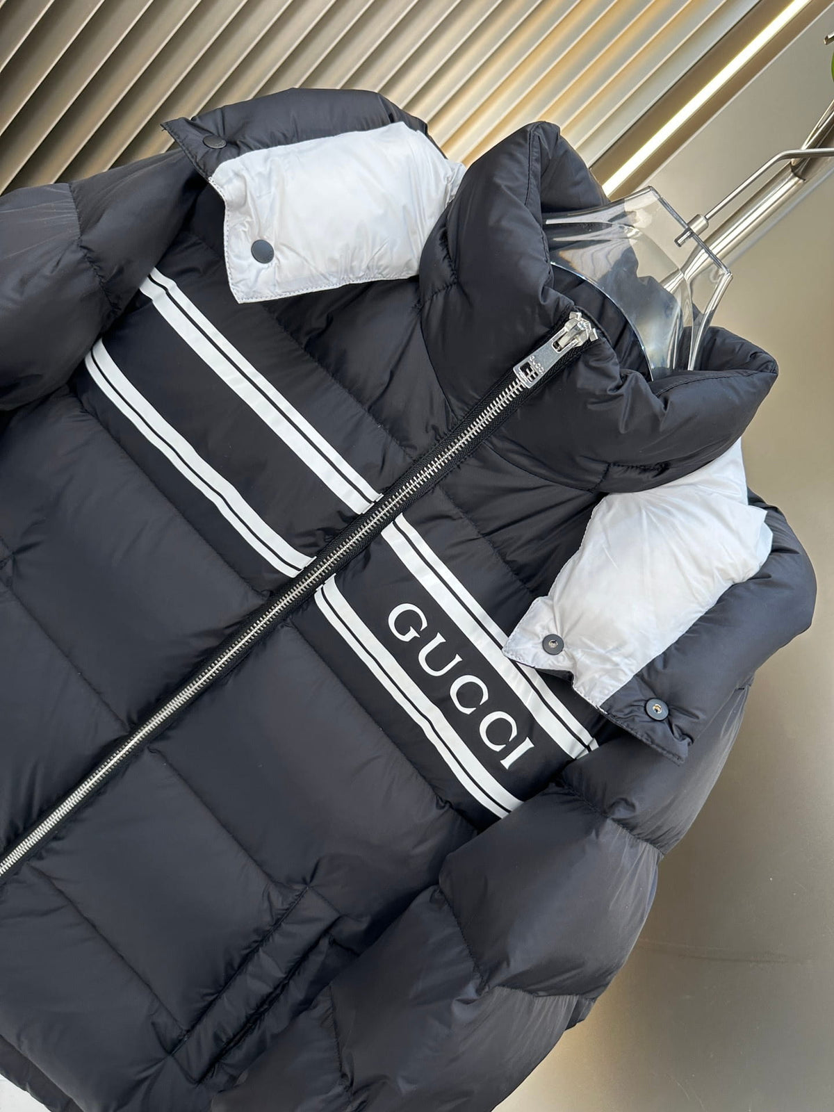 Gucci Navy Blue Striped Print Detachable Hood Down Puffer Jacket
