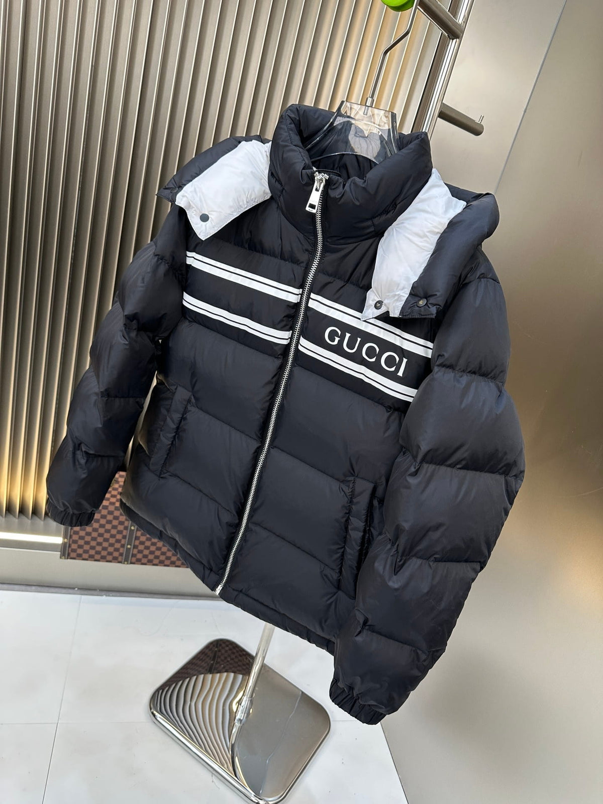 Gucci Navy Blue Striped Print Detachable Hood Down Puffer Jacket