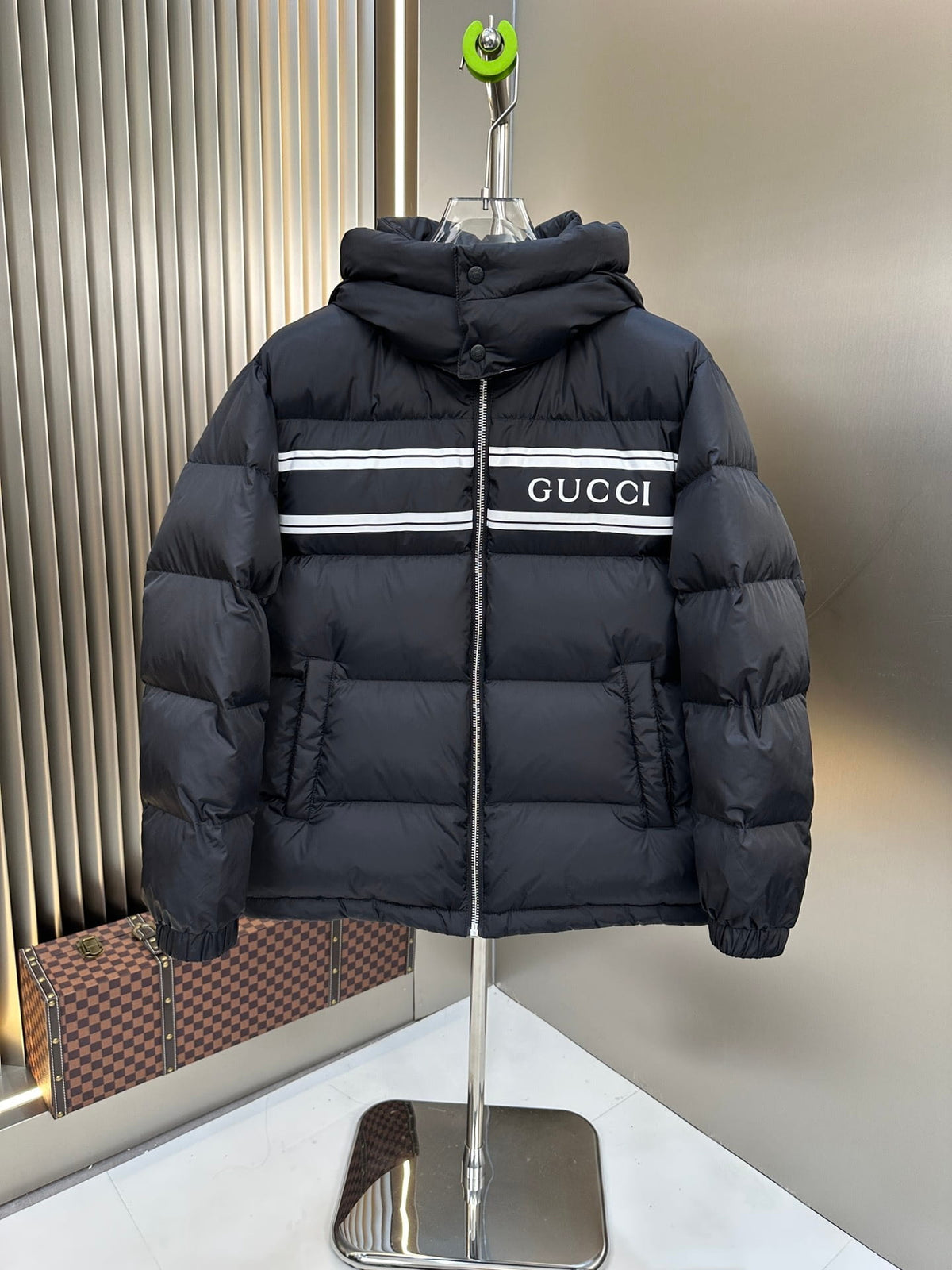 Gucci Navy Blue Striped Print Detachable Hood Down Puffer Jacket