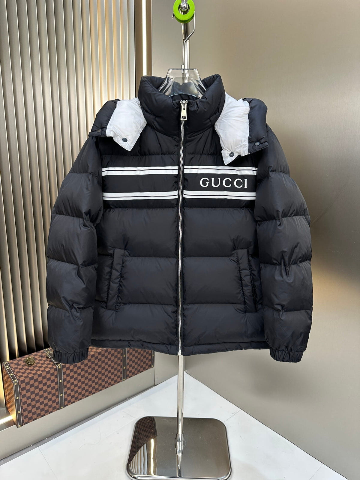 Gucci Navy Blue Striped Print Detachable Hood Down Puffer Jacket