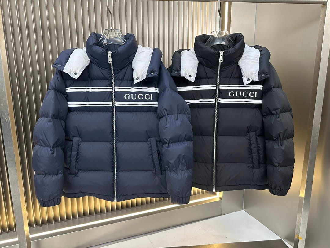 Gucci Navy Blue Striped Print Detachable Hood Down Puffer Jacket