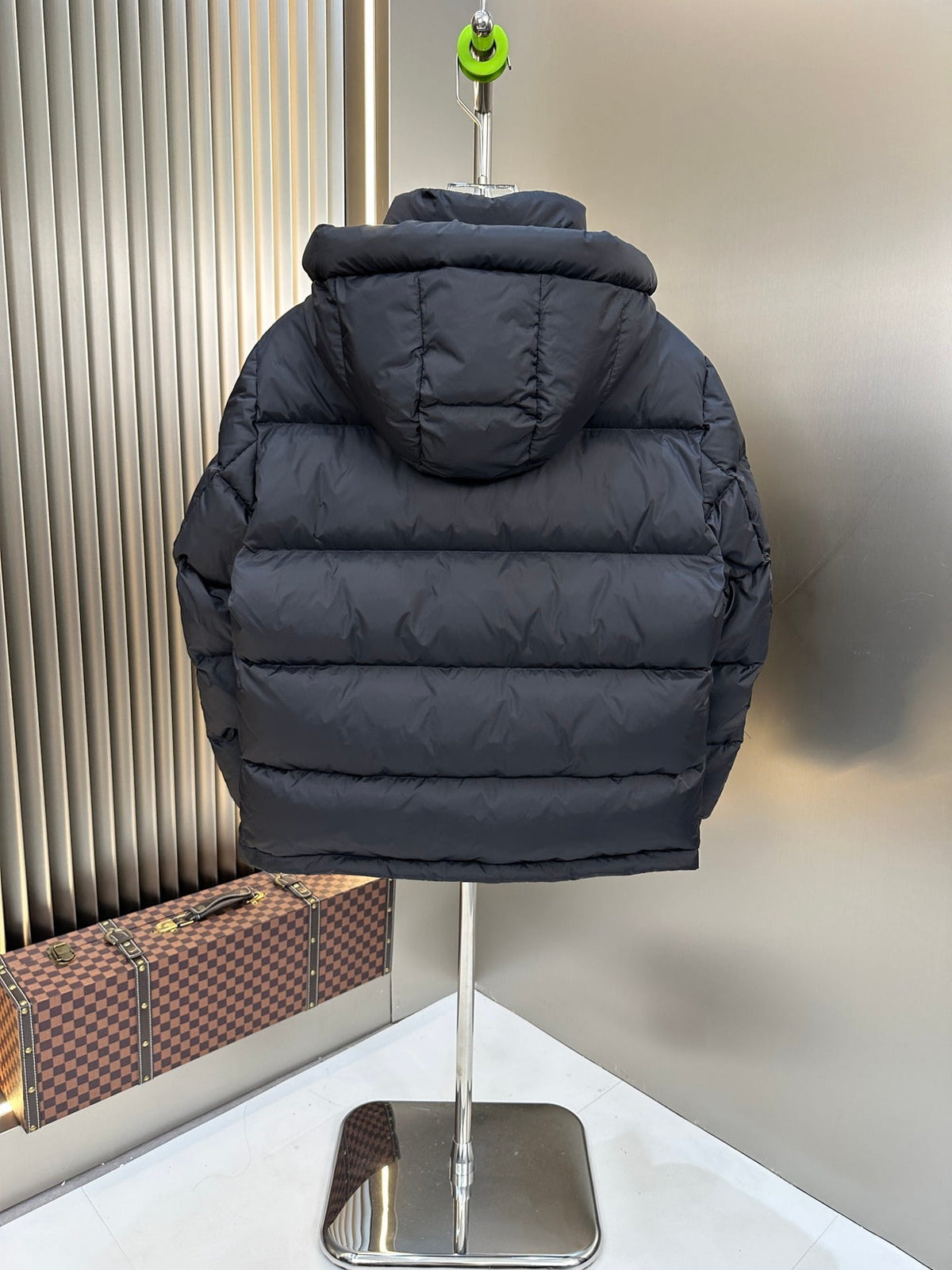 Gucci Navy Blue Striped Print Detachable Hood Down Puffer Jacket