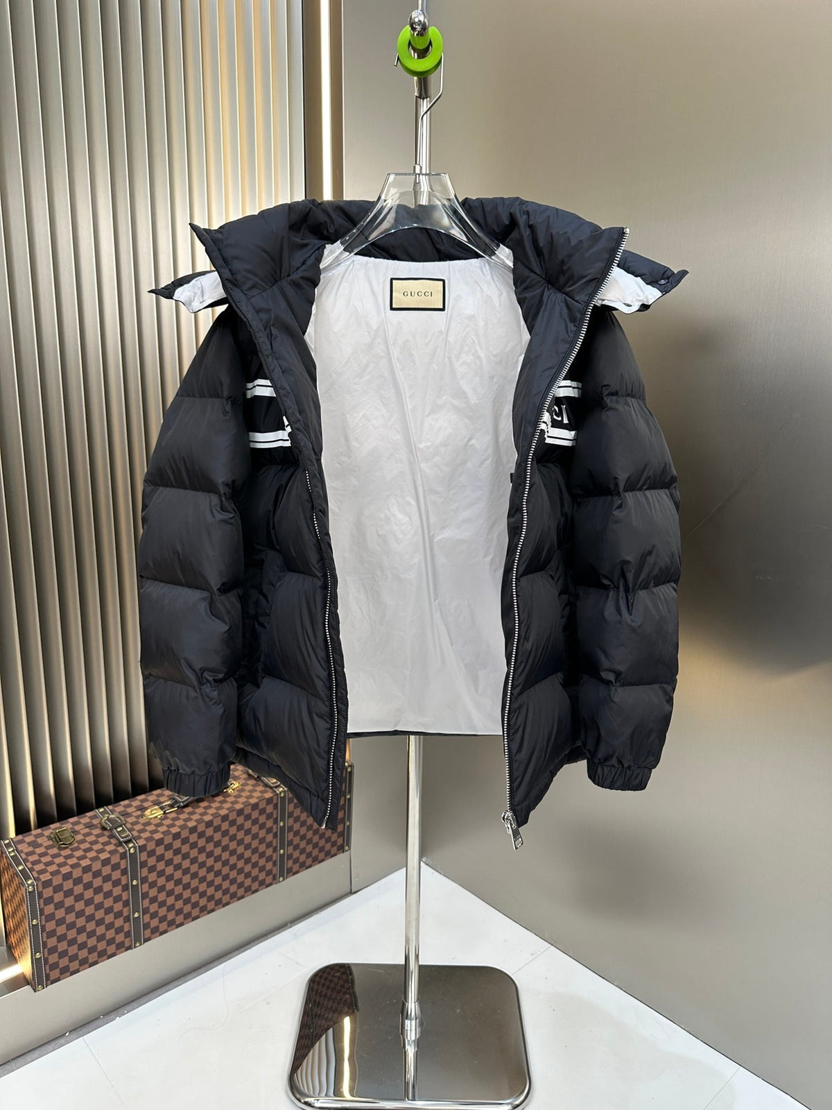 Gucci Navy Blue Striped Print Detachable Hood Down Puffer Jacket