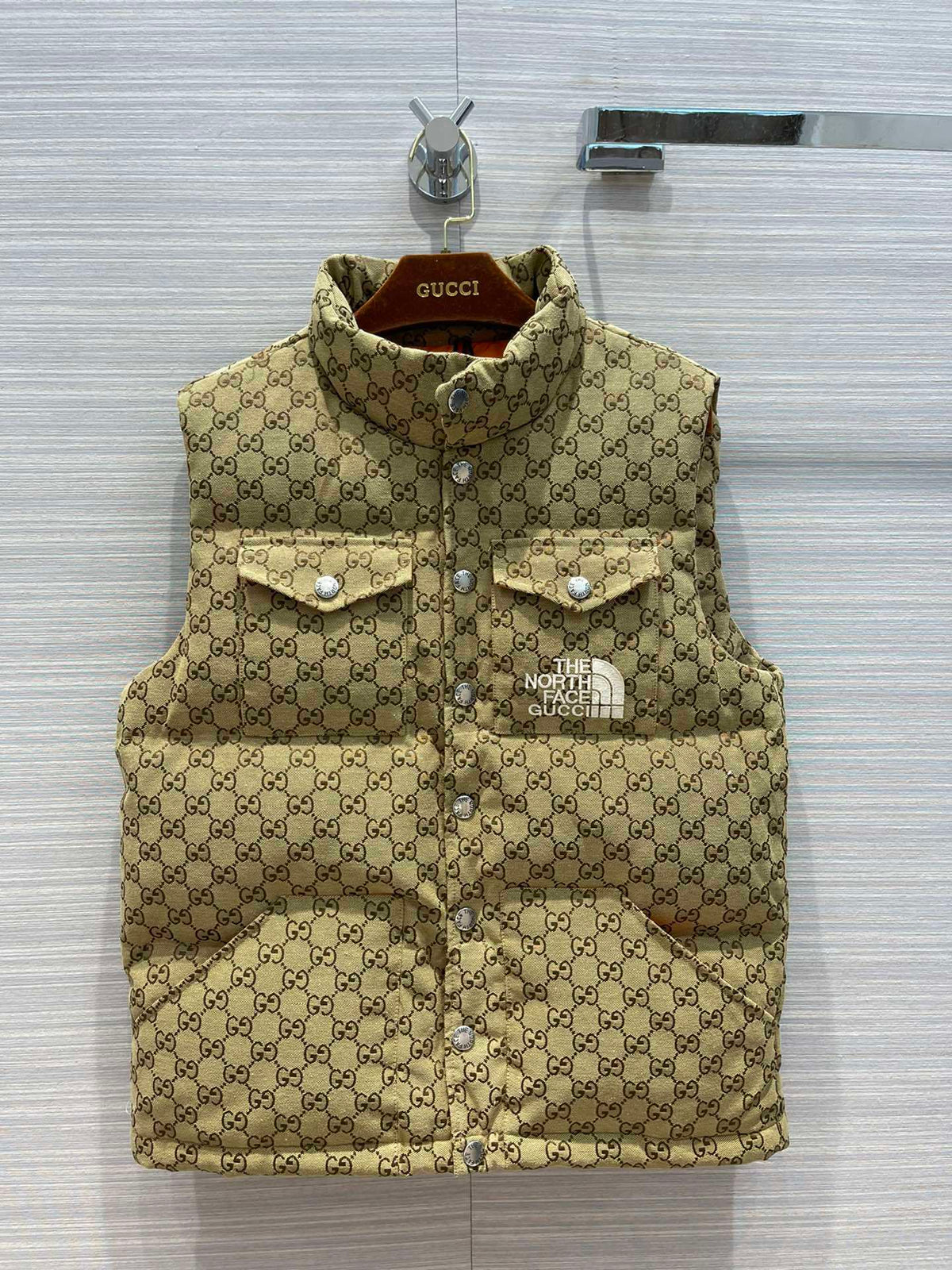 Gucci x The North Face Beige GG Canvas Goose Down Puffer Vest Gilet