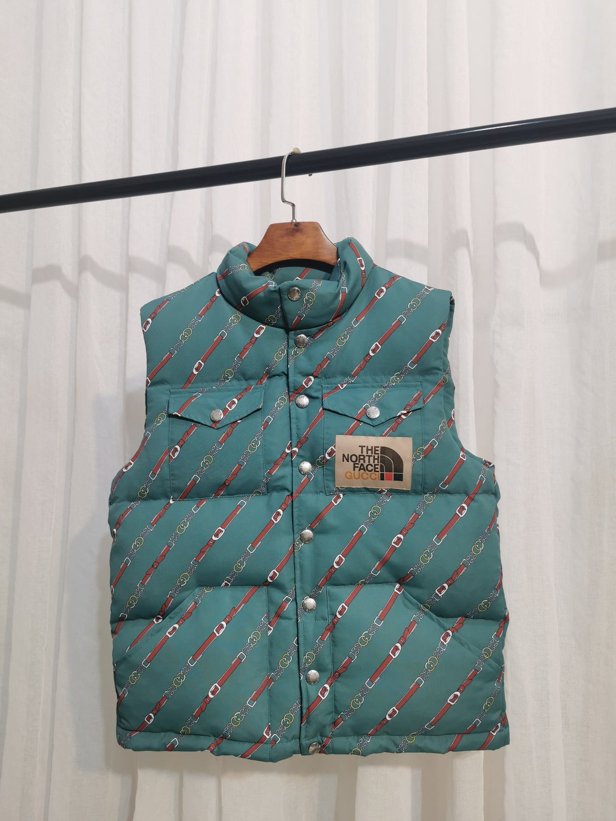 Gucci x The North Face Teal Green Equestrian Belt Printed Goose Down Vest