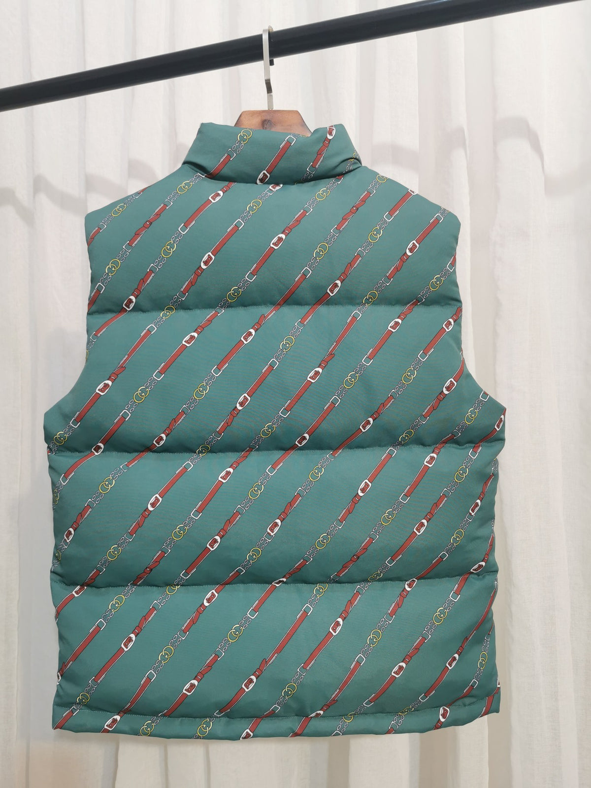 Gucci x The North Face Teal Green Equestrian Belt Printed Goose Down Vest