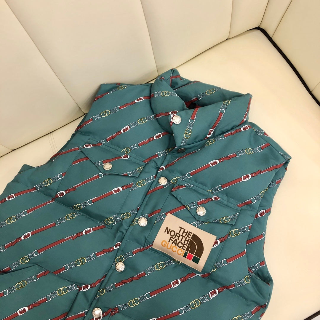 Gucci x The North Face Teal Green Equestrian Belt Printed Goose Down Vest