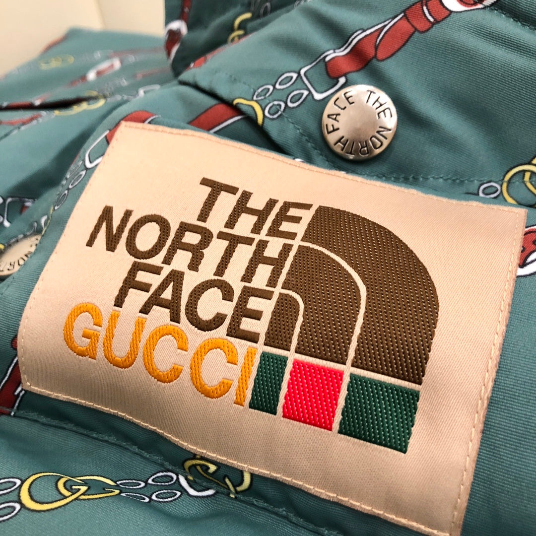 Gucci x The North Face Teal Green Equestrian Belt Printed Goose Down Vest