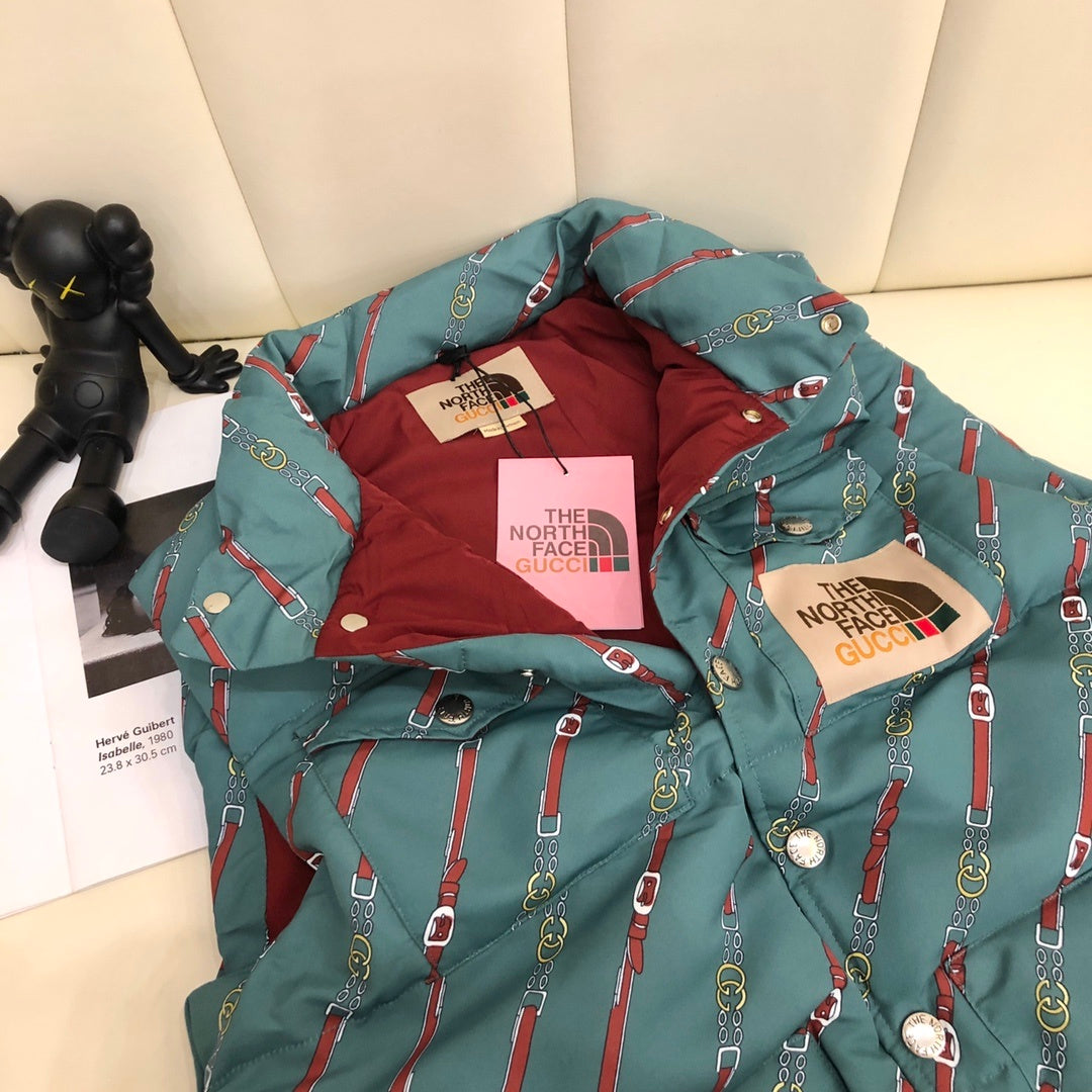 Gucci x The North Face Teal Green Equestrian Belt Printed Goose Down Vest