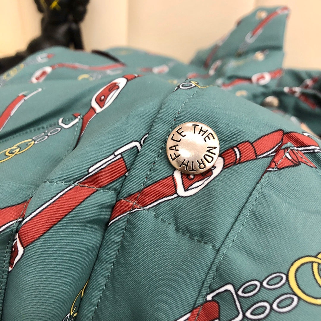 Gucci x The North Face Teal Green Equestrian Belt Printed Goose Down Vest
