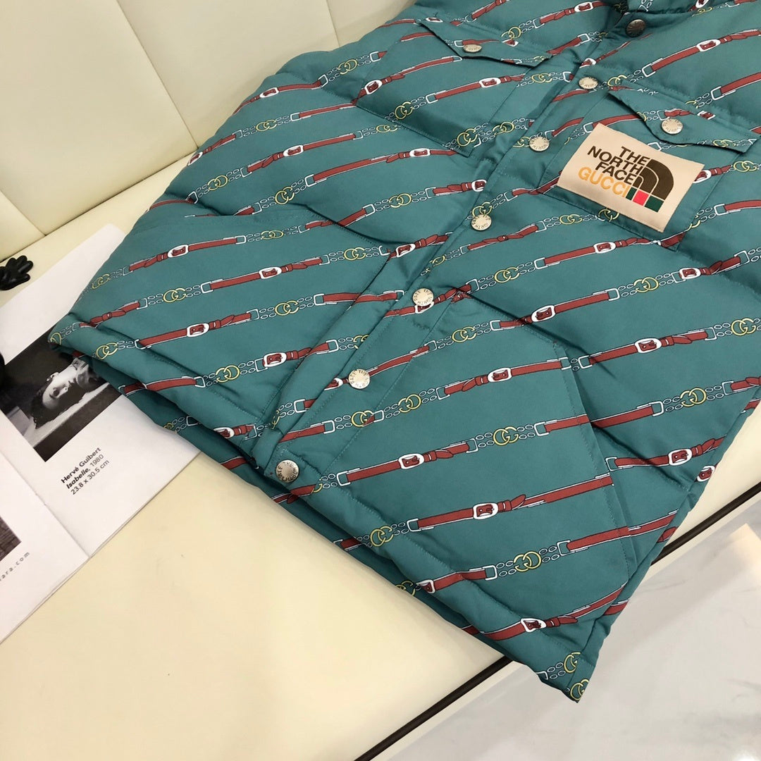 Gucci x The North Face Teal Green Equestrian Belt Printed Goose Down Vest