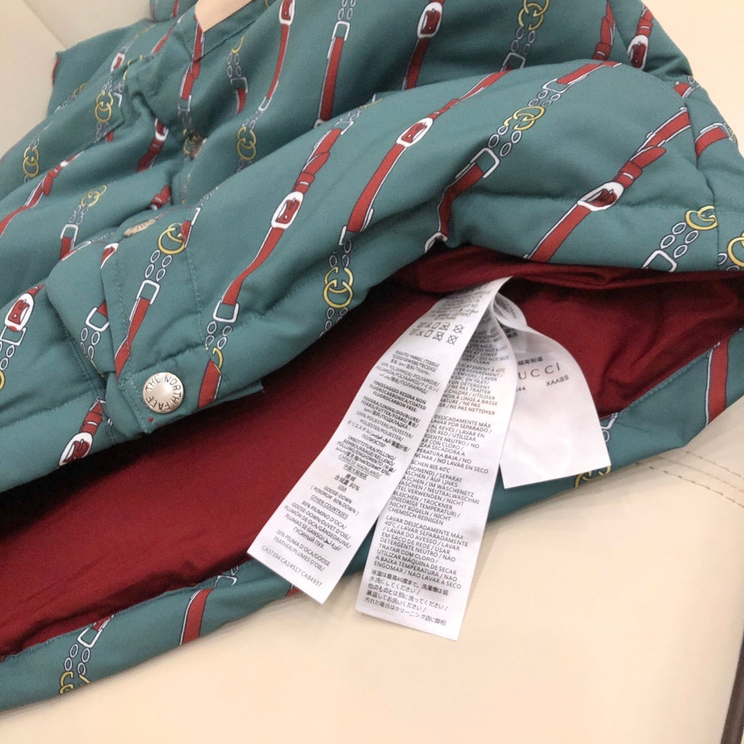Gucci x The North Face Teal Green Equestrian Belt Printed Goose Down Vest