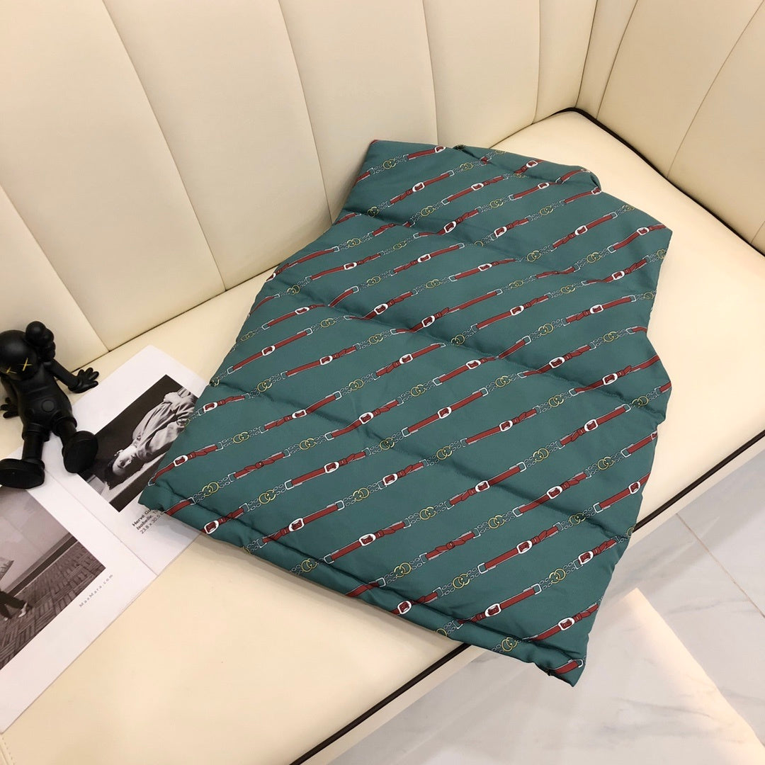 Gucci x The North Face Teal Green Equestrian Belt Printed Goose Down Vest