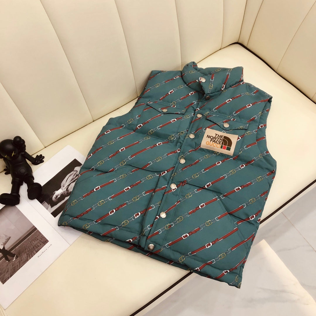 Gucci x The North Face Teal Green Equestrian Belt Printed Goose Down Vest