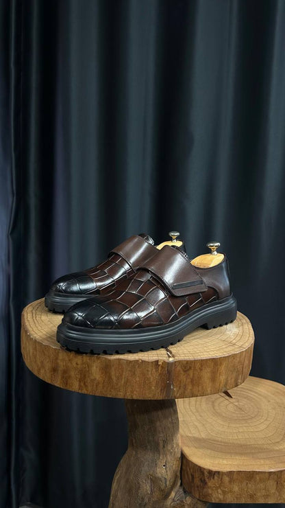 Handcrafted Brown Croc-Embossed Leather EVA Sole Hybrid Shoes