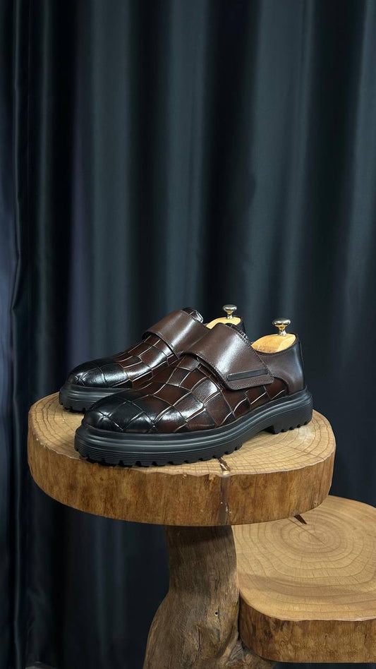 Handcrafted Brown Croc-Embossed Leather EVA Sole Hybrid Shoes