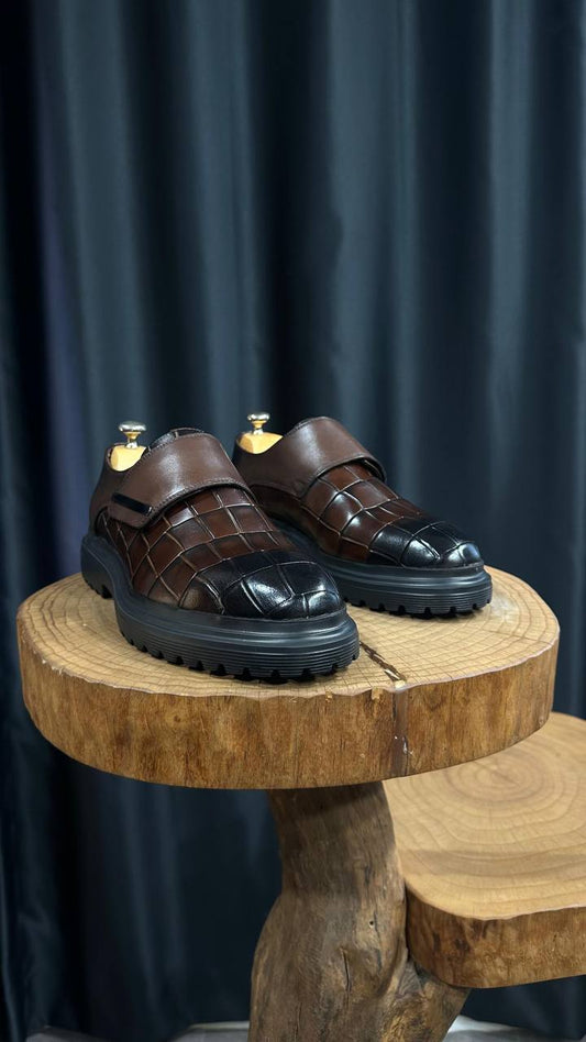 Handcrafted Brown Croc-Embossed Leather EVA Sole Hybrid Shoes