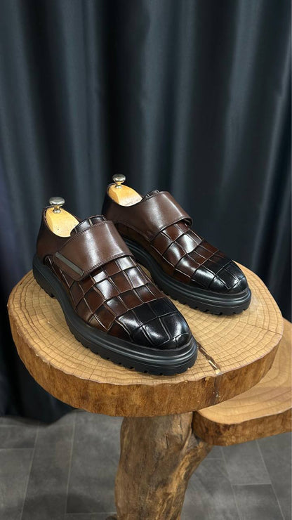 Handcrafted Brown Croc-Embossed Leather EVA Sole Hybrid Shoes