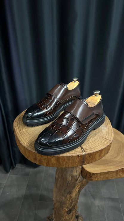Handcrafted Brown Croc-Embossed Leather EVA Sole Hybrid Shoes