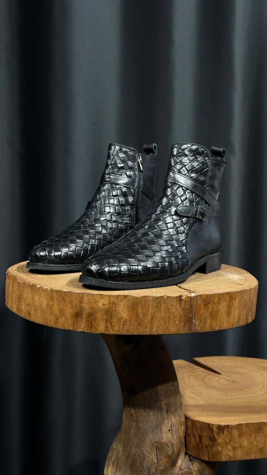 HolloShoe Midnight Black Woven Leather Men's Jodhpur Boots
