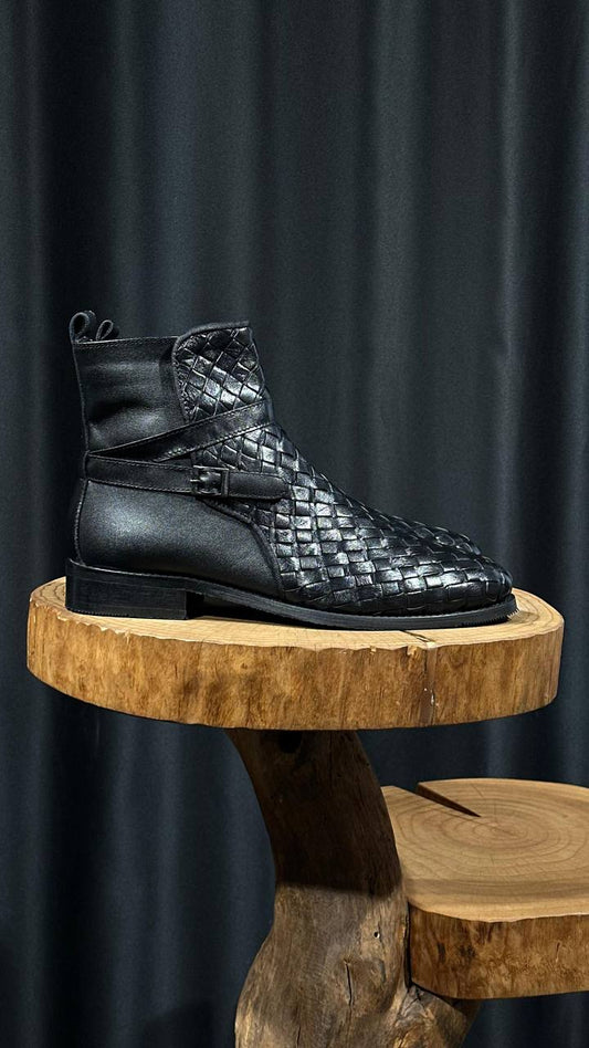 HolloShoe Midnight Black Woven Leather Men's Jodhpur Boots
