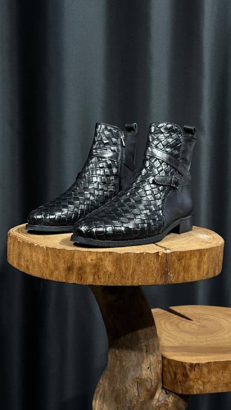 HolloShoe Midnight Black Woven Leather Men's Jodhpur Boots