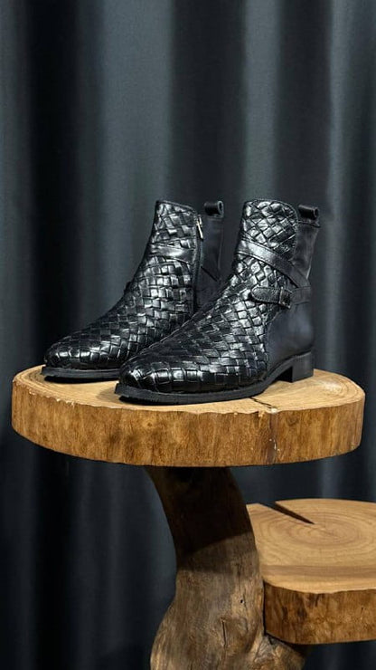 HolloShoe Midnight Black Woven Leather Men's Jodhpur Boots