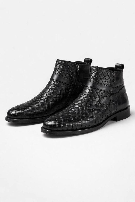 HolloShoe Midnight Black Woven Leather Men's Jodhpur Boots