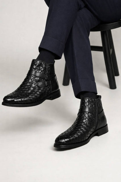 HolloShoe Midnight Black Woven Leather Men's Jodhpur Boots