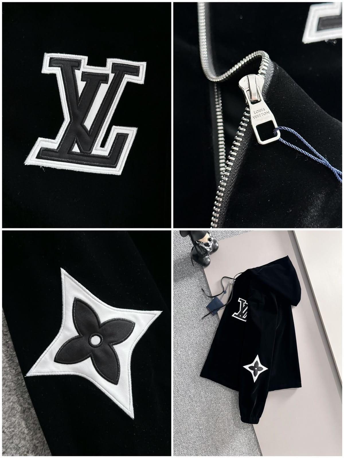 Louis Vuitton LV  Black Velour Monogram Flower Patch Hooded Tracksuit Set