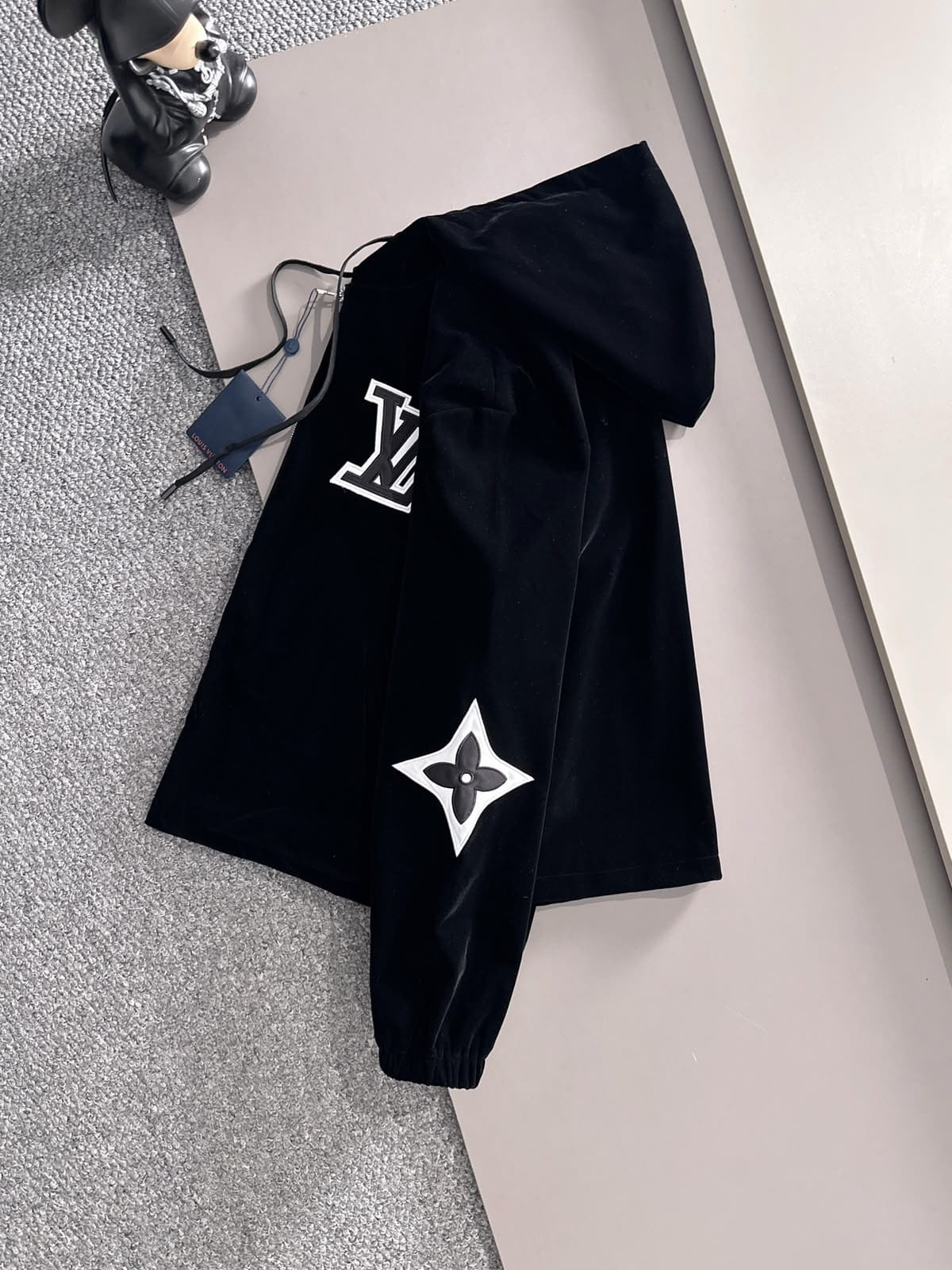 Louis Vuitton LV  Black Velour Monogram Flower Patch Hooded Tracksuit Set