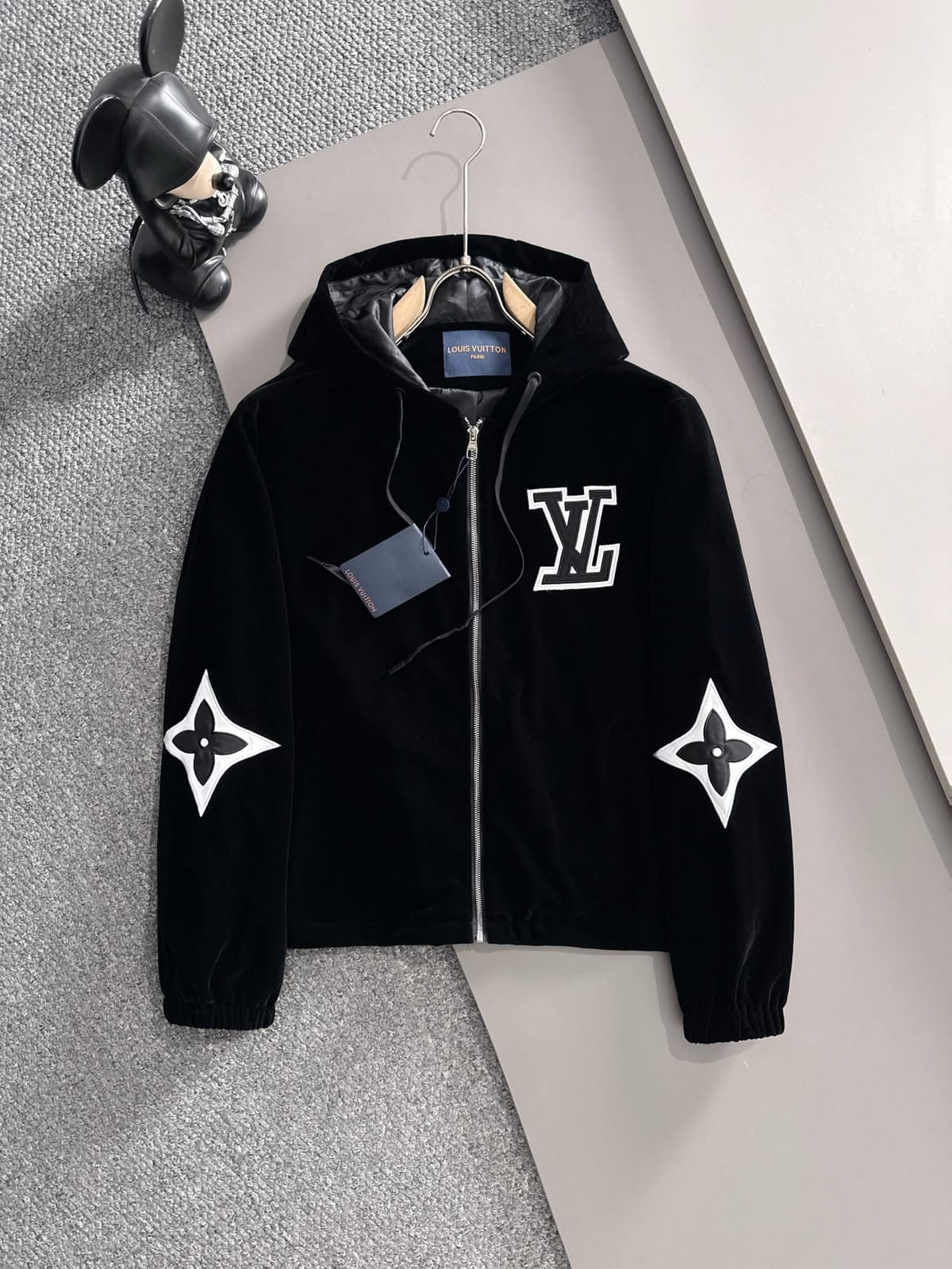 Louis Vuitton LV  Black Velour Monogram Flower Patch Hooded Tracksuit Set