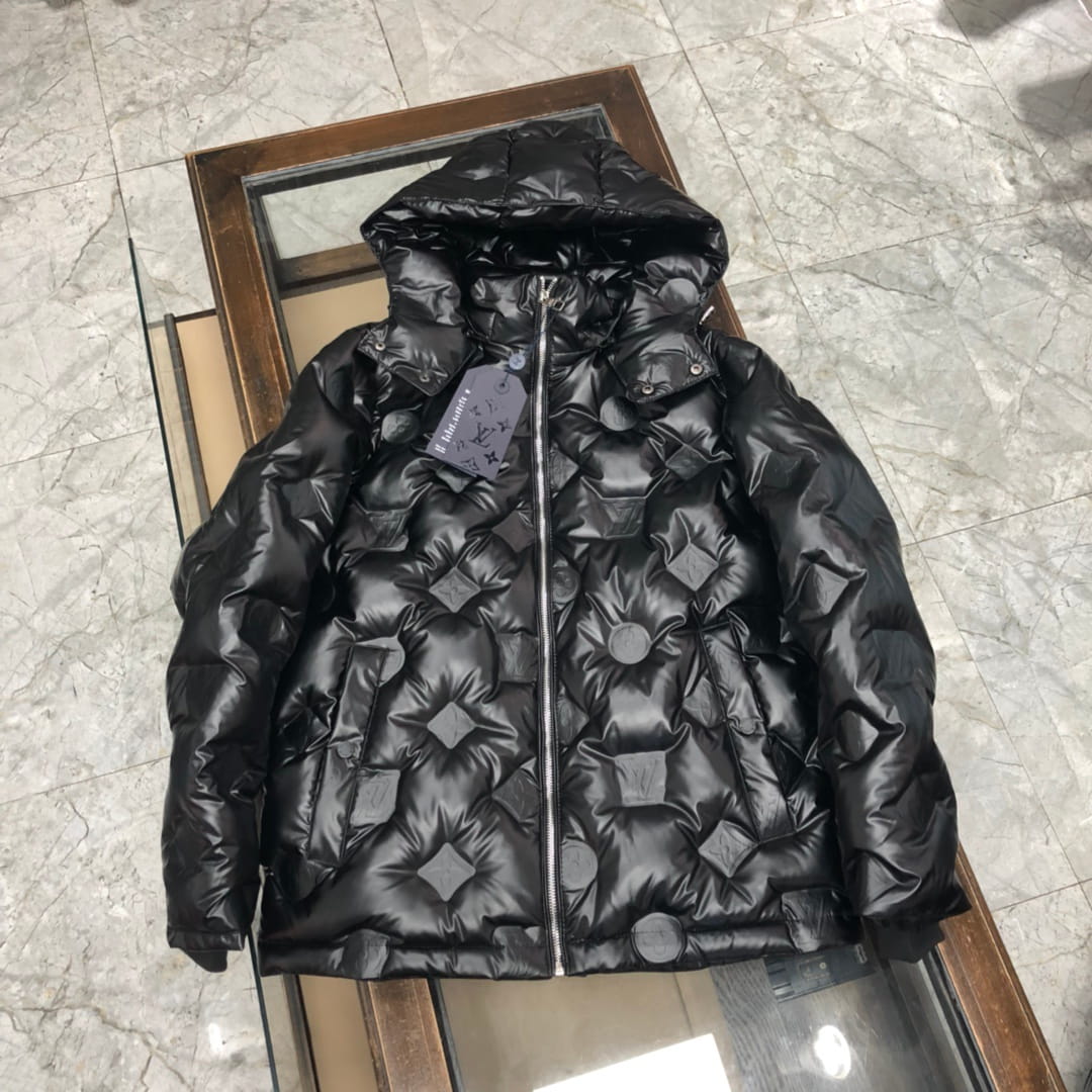 Louis Vuitton LV Monogram Embossed Leather Patch Black Glossy Down Jacket