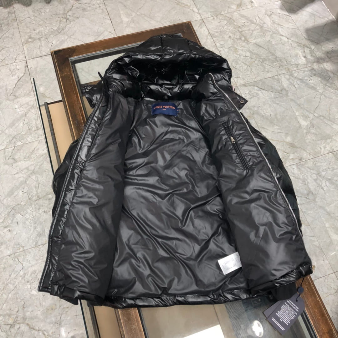Louis Vuitton LV Monogram Embossed Leather Patch Black Glossy Down Jacket