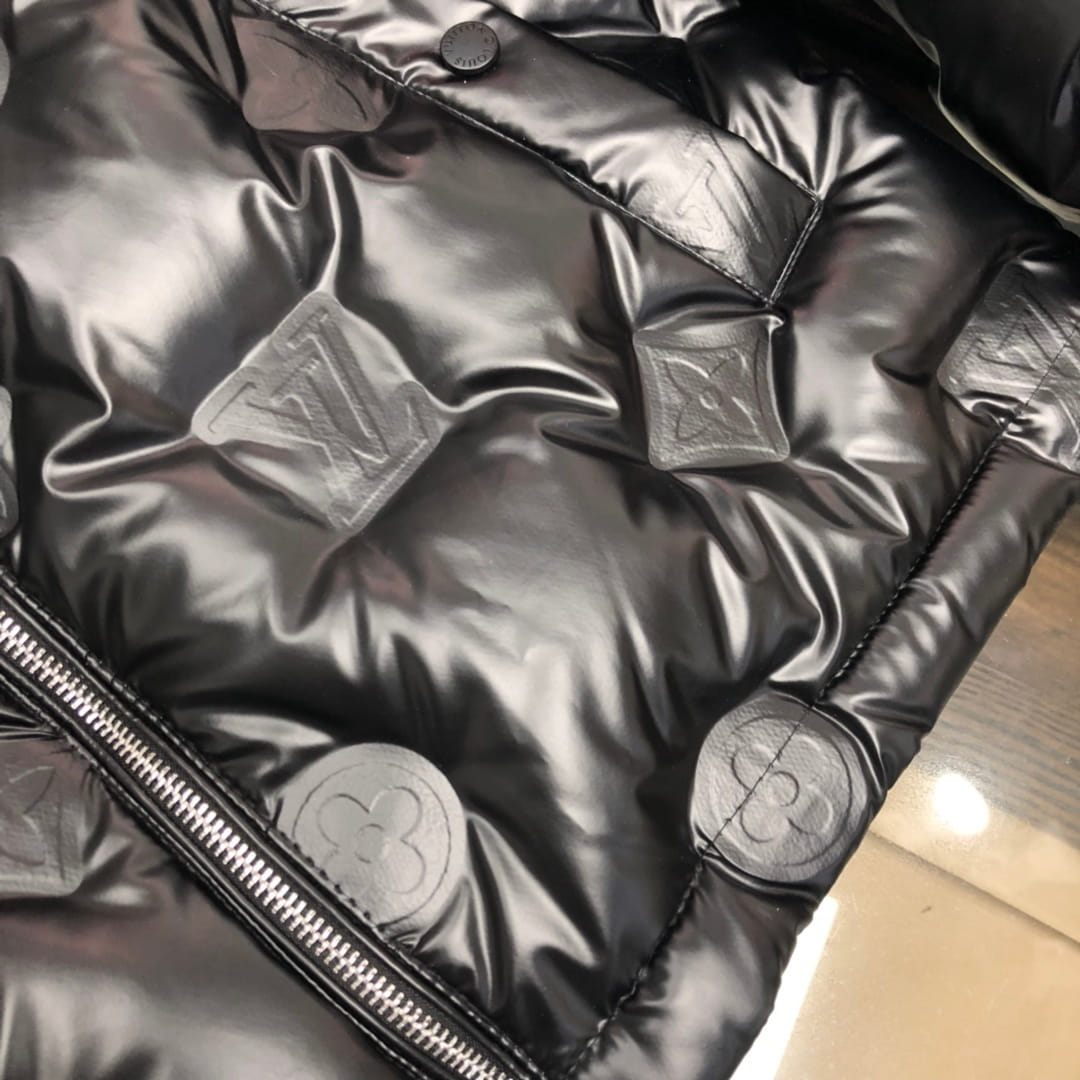 Louis Vuitton LV Monogram Embossed Leather Patch Black Glossy Down Jacket