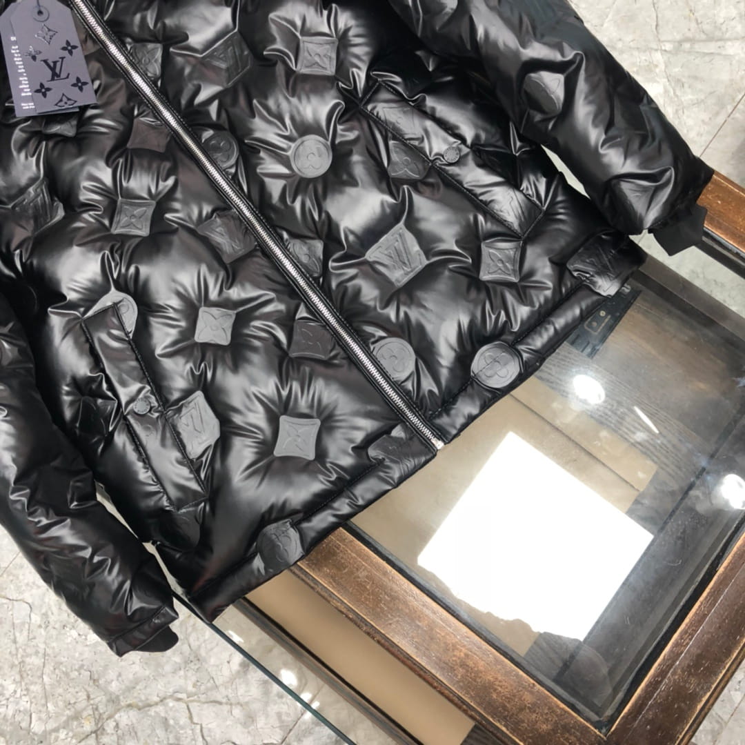 Louis Vuitton LV Monogram Embossed Leather Patch Black Glossy Down Jacket