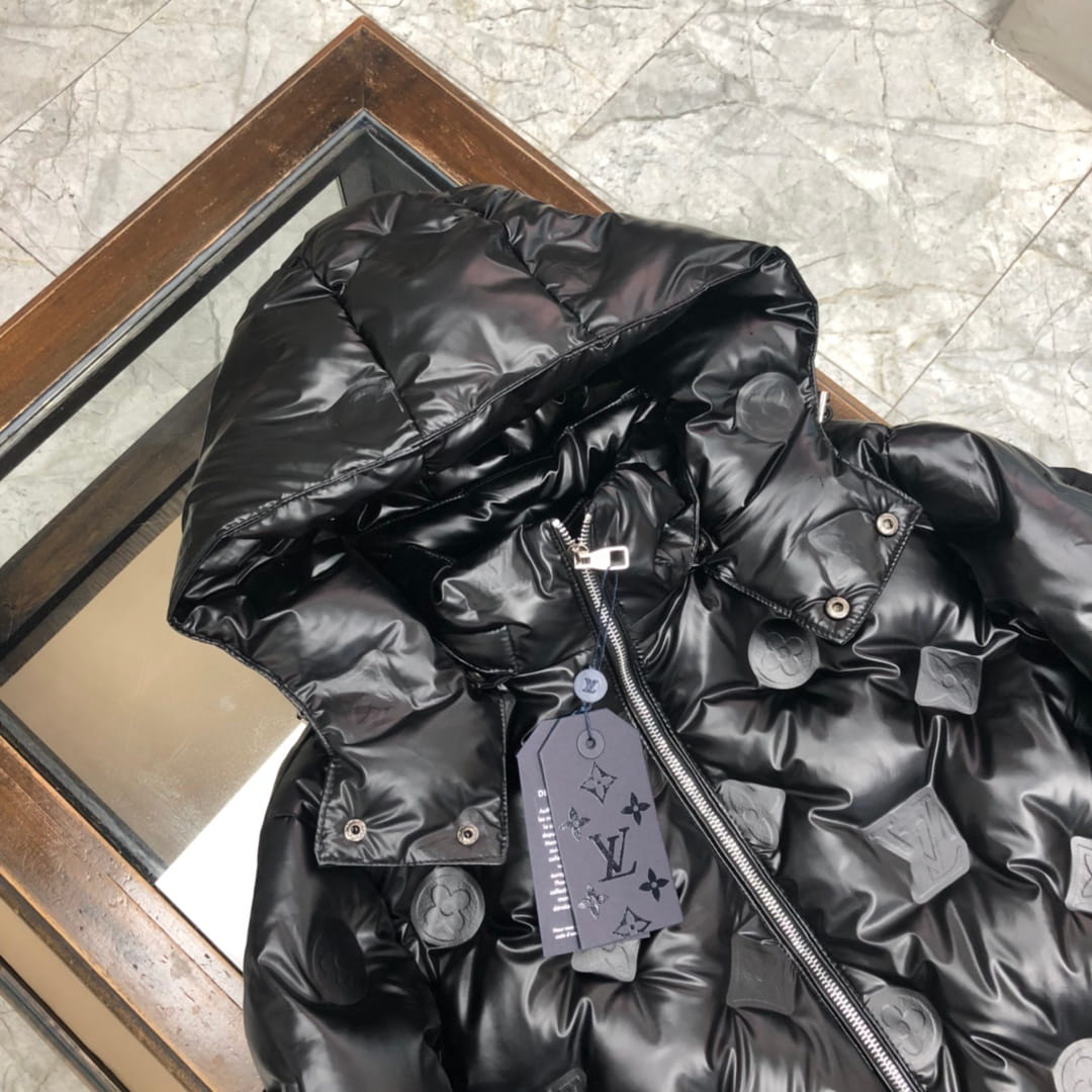 Louis Vuitton LV Monogram Embossed Leather Patch Black Glossy Down Jacket