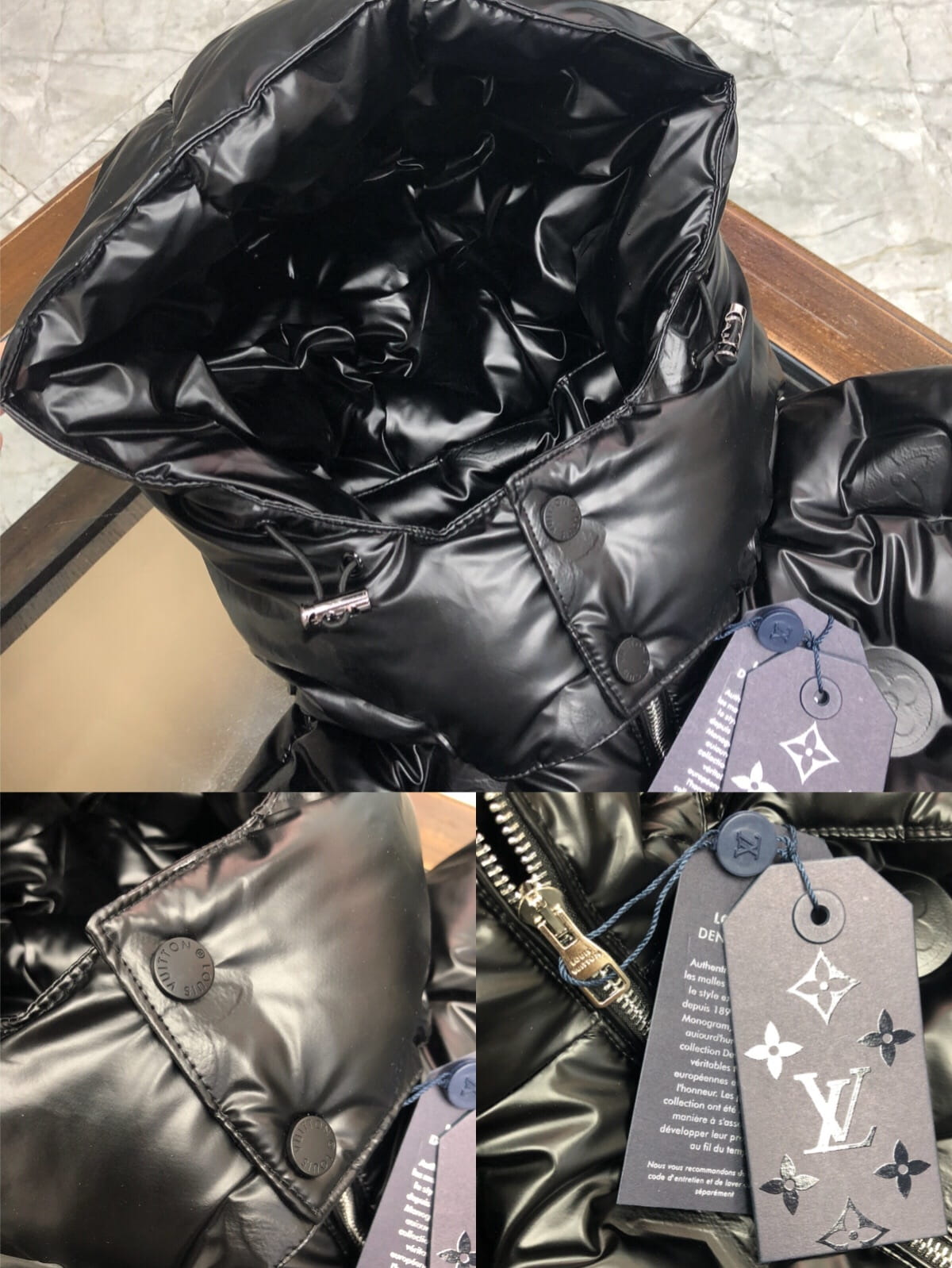 Louis Vuitton LV Monogram Embossed Leather Patch Black Glossy Down Jacket