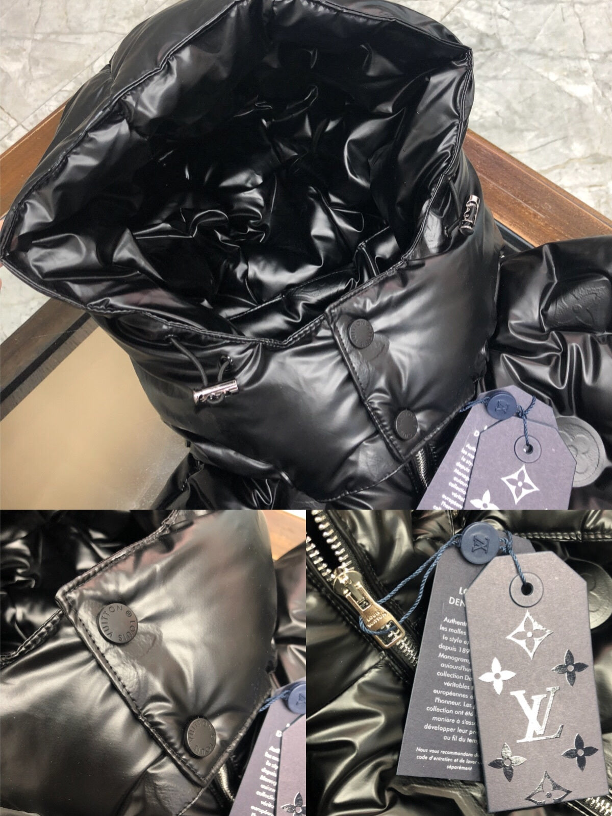 Louis Vuitton LV Monogram Embossed Leather Patch Black Glossy Down Jacket