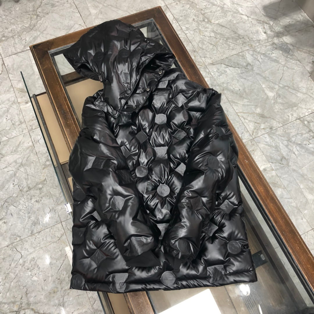 Louis Vuitton LV Monogram Embossed Leather Patch Black Glossy Down Jacket
