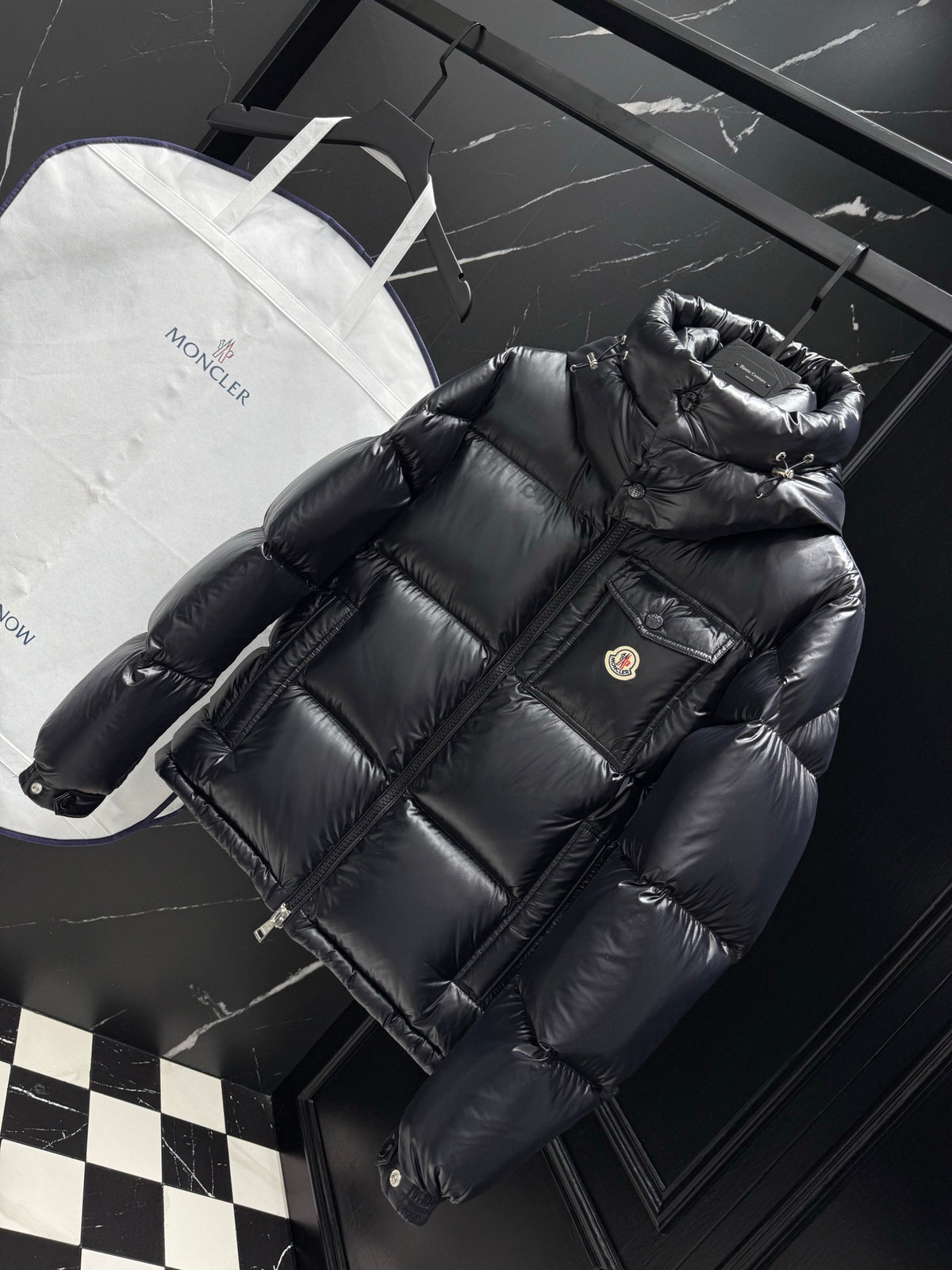 Moncler Men's Maya Black Glossy Hooded Short Down Puffer Jacket