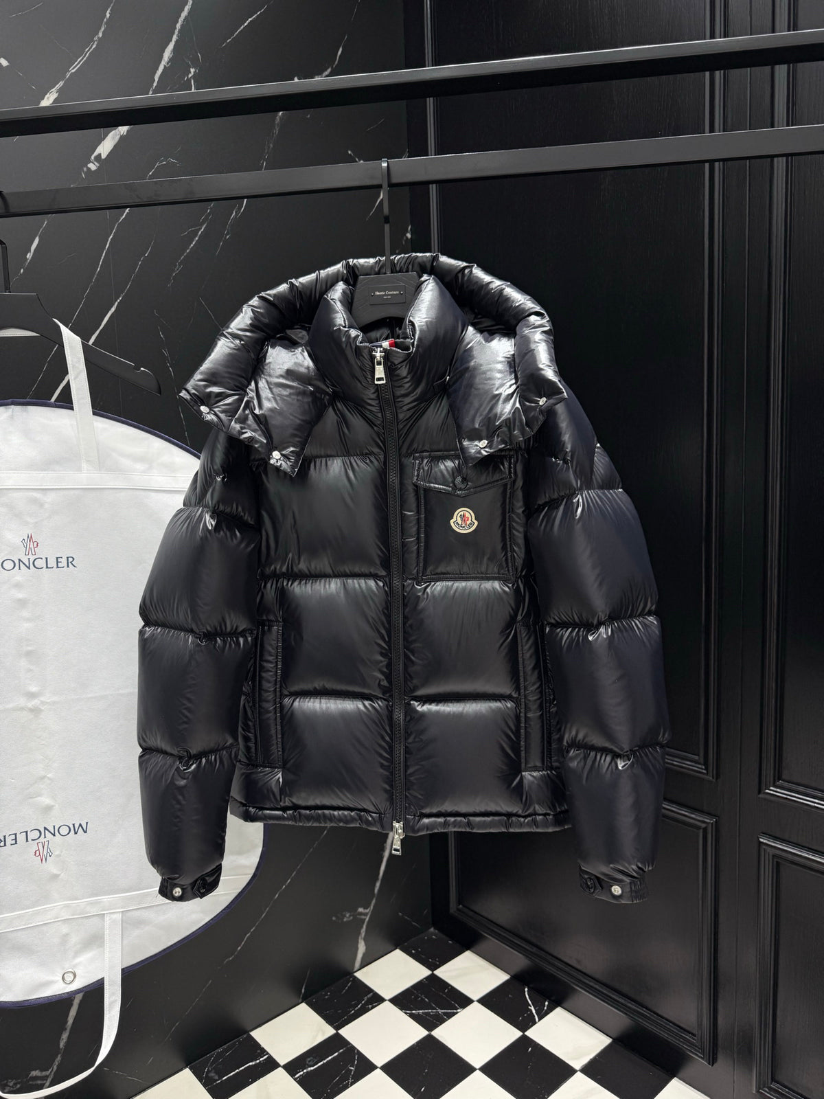 Moncler Men's Maya Black Glossy Hooded Short Down Puffer Jacket