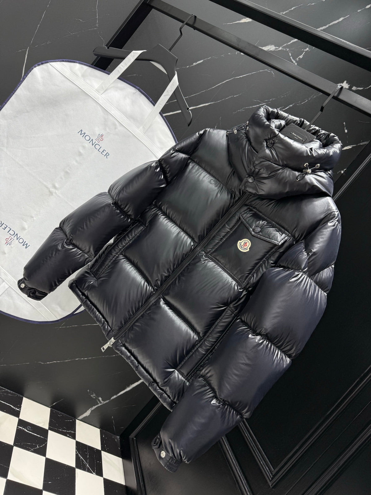 Moncler Men's Maya Black Glossy Hooded Short Down Puffer Jacket