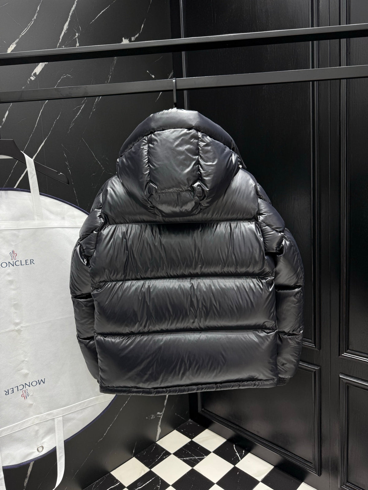 Moncler Men's Maya Black Glossy Hooded Short Down Puffer Jacket