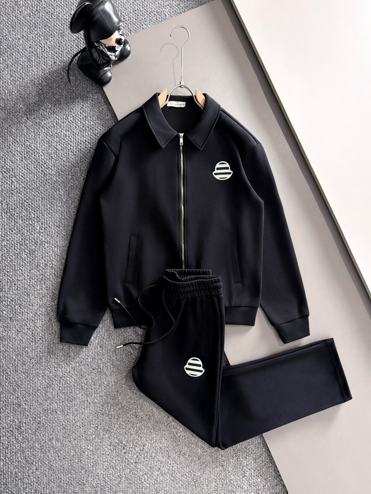 Moncler Black Striped Logo Patch Zip Tracksuit Set