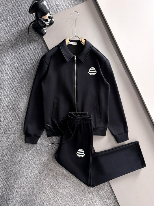 Moncler Black Striped Logo Patch Zip Tracksuit Set
